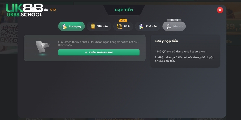 Cập nhật các kênh nạp tiền UK88 thông dụng